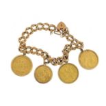 9ct gold bracelet mounted with three gold sovereigns and a half sovereign comprising 1889,1909, 1979