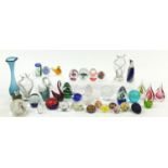 Art glassware and a selection of colourful glass paperweights and animals including Whitefriars
