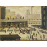 After Laurence Stephen Lowry - Industrial street scene, oil on canvas, unframed, 40cm x 30cm : For