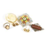 Vintage and later jewellery including 9ct gold earrings, cameo design ring and enamelled brooch,