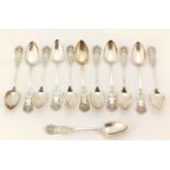 William Caleb Scott, Set of twelve Victorian silver teaspoons with scalloped finials, London 1845,