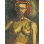 Abstract composition, top half portrait of a nude female, oil on canvas, bearing a monogram KV and