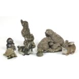 Garden stoneware and decorative figures and animals including a gnome with wheelbarrow and