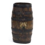 Antique oak metal bound barrel hand painted with a coat of arms, 62cm high : For Further Condition
