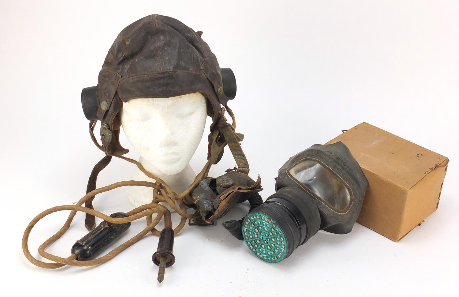 British military World War II leather flying helmet and gas mask with box : For Further Condition