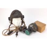 British military World War II leather flying helmet and gas mask with box : For Further Condition