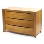 Contemporary light elm chest with three bow fronted drawers, 76cm H x 111cm W x 51.5cm D : For