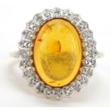 9ct gold cabochon amber and diamond ring, size N, 4.0g : For Further Condition Reports Please