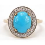 9ct gold cabochon turquoise and diamond ring, size T, 4.2g : For Further Condition Reports Please