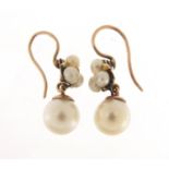Pair of unmarked gold pearl and diamond drop earrings, 2.5cm in length, 3.5g : For Further Condition