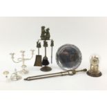 Metalware including brass fire tools, silver plated candelabras and anniversary clock, the largest