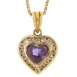 14ct gold amethyst and clear stone love heart pendant, 2cm in length on an unmarked gold coloured