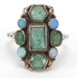 Silver ring set with emeralds and opals, size K, 4.0g : For Further Condition Reports Please Visit