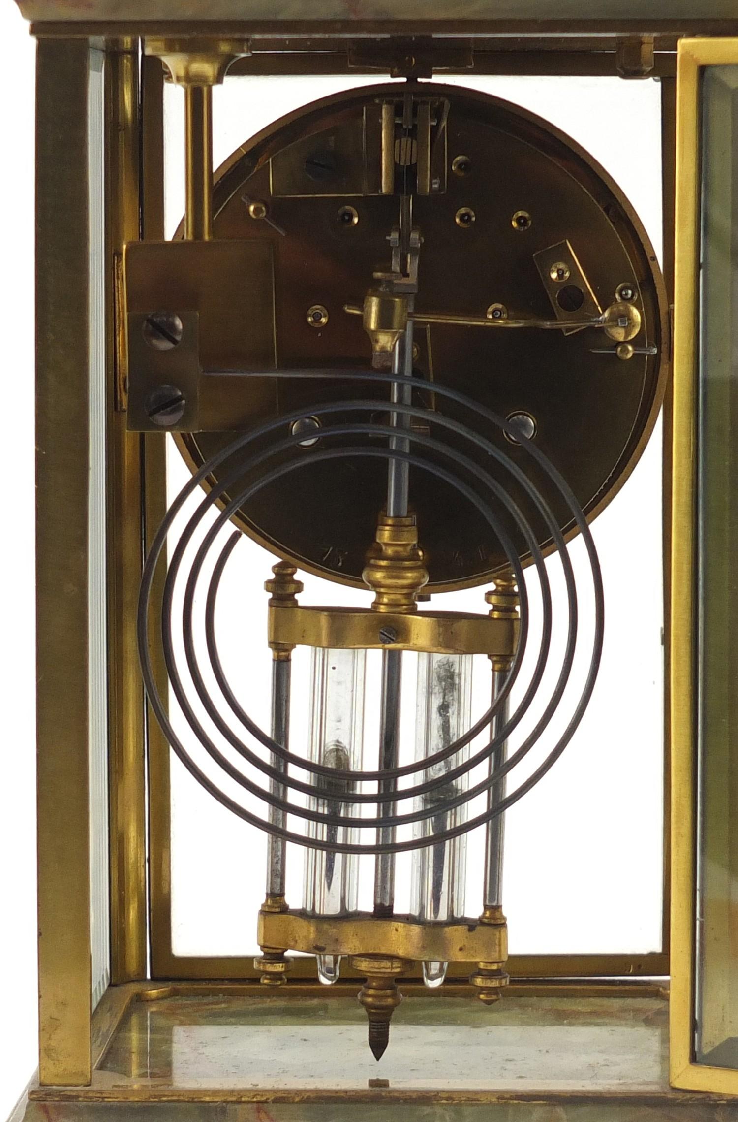 19th century French onyx and brass four glass mantle clock striking on a gong, the enamelled dial - Image 5 of 8