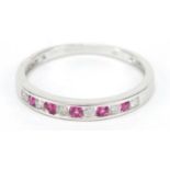 9ct white gold diamond and ruby half eternity ring, size M, 1.2g
