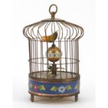 Clockwork automaton bird cage alarm clock with enamel band, 20.5 cm high