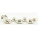 Set of six Royal Worcester Mandarin Birds coffee cans with saucers, each coffee can 6cm high