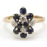 9ct gold sapphire and diamond cluster ring, size L, 2.1g