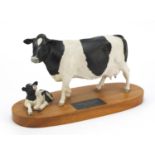 Beswick Connoisseur model Friesian Cow and Calf, raised on an oval lightwood base, 30cm wide