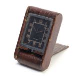 Jaeger LeCoultre eight day travel clock with faux crocodile skin leather case, 10.5cm high