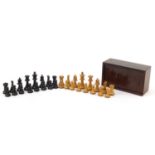 Boxwood and ebonised Staunton chess set with stained pine box, the largest piece 7cm high