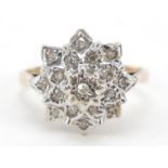 9ct gold diamond flower head ring, size J, 2.9g