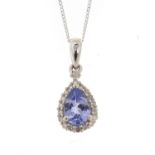 9ct white gold tanzanite and diamond teardrop pendant on a 9ct white gold necklace, the pendant 1.
