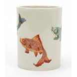 Chinese porcelain brush pot hand painted with fish, character marks to the base, 13.5cm high