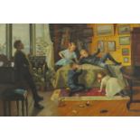 After Charles Hunt Jnr - The playroom with children smoking, oil on canvas laid on board, mounted
