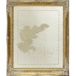 Rectangular gilt framed wall hanging mirror, etched with two lovers, 59cm x 49cm