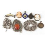 Vintage and later jewellery including silver necklaces, a silver Zealandia trout brooch, cameo