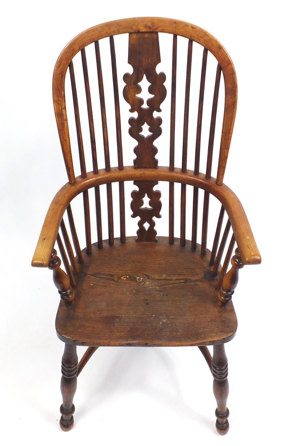 Victorian elm Windsor chair with crinoline stretcher, 106cm high - Image 3 of 4