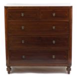 19th century inlaid mahogany five drawer chest with canted corners, 115.5cm H x 111.5cm W x 50cm D