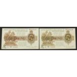 Two Great Britain Warren Fisher one pound Treasury bank notes with consecutive numbers 531330 and