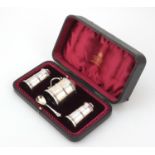 Atkin Brothers, Victorian silver three piece cruet housed in a W Lister & Sons velvet and silk lined