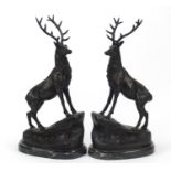 Pair of patinated bronze stags raised on shaped black marble bases, each with indistinct signatures,