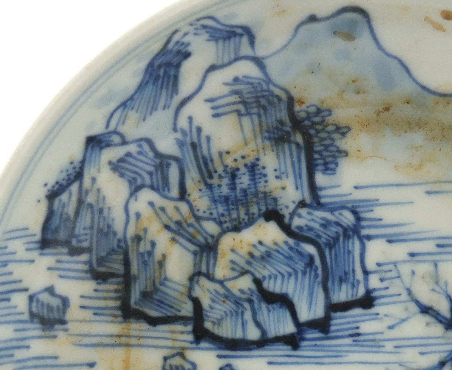 Chinese blue and white porcelain shallow dish hand painted with fishermen in a mountain landscape, - Image 2 of 6