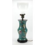 Chinese porcelain vase table lamp with white opaque glass shade hand painted in the famille rose