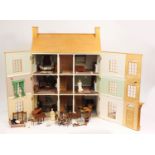 Large hand built wooden doll's house with contents and lighting, 103cm H x 76cm W x 40cm D