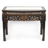 Chinese partially gilt lacquered hardwood side table with bow front and inset marble top, carved