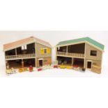 Two hand built wooden and plastic doll's houses with contents, 40cm H x 69cm W x 39cm D
