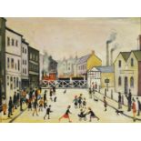 After Laurence Stephen Lowry - Figures walking about, industrial street scene, oil on board, mounted