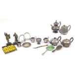 Metalware including Victorian silver backed clothes brush, silver plated teapots and Spelter
