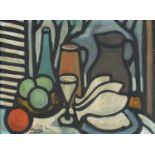 Still life fruit and vessels, Irish school oil on board, framed, 39cm x 29.5cm excluding the frame