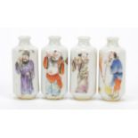 Four Chinese porcelain snuff bottles hand painted in the famille rose palette with figures and bats,