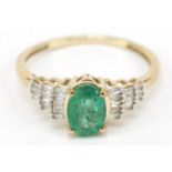 Unmarked gold emerald ring set with diamonds set stepped shoulders, size L, 1.5g