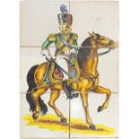 19th century Maiolica six tile panel hand painted with a soldier on horseback, overall 42cm x