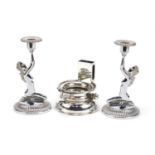 Metalware comprising a pair of Art Deco candlesticks and Shanghai Tang matchbox holder with ashtray,