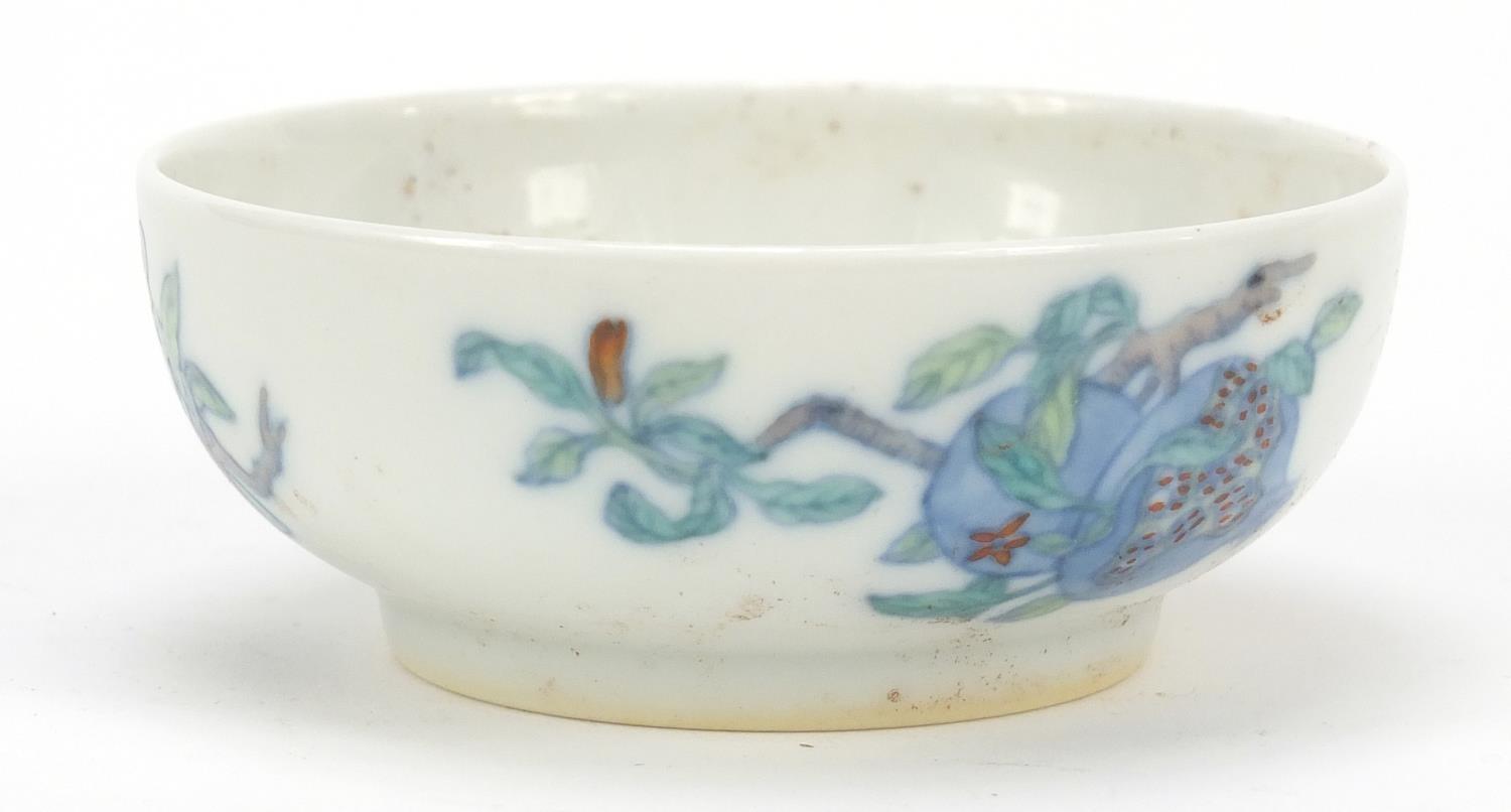 Chinese doucai porcelain shallow dish hand painted with fruit, six figure character marks to the - Image 2 of 8