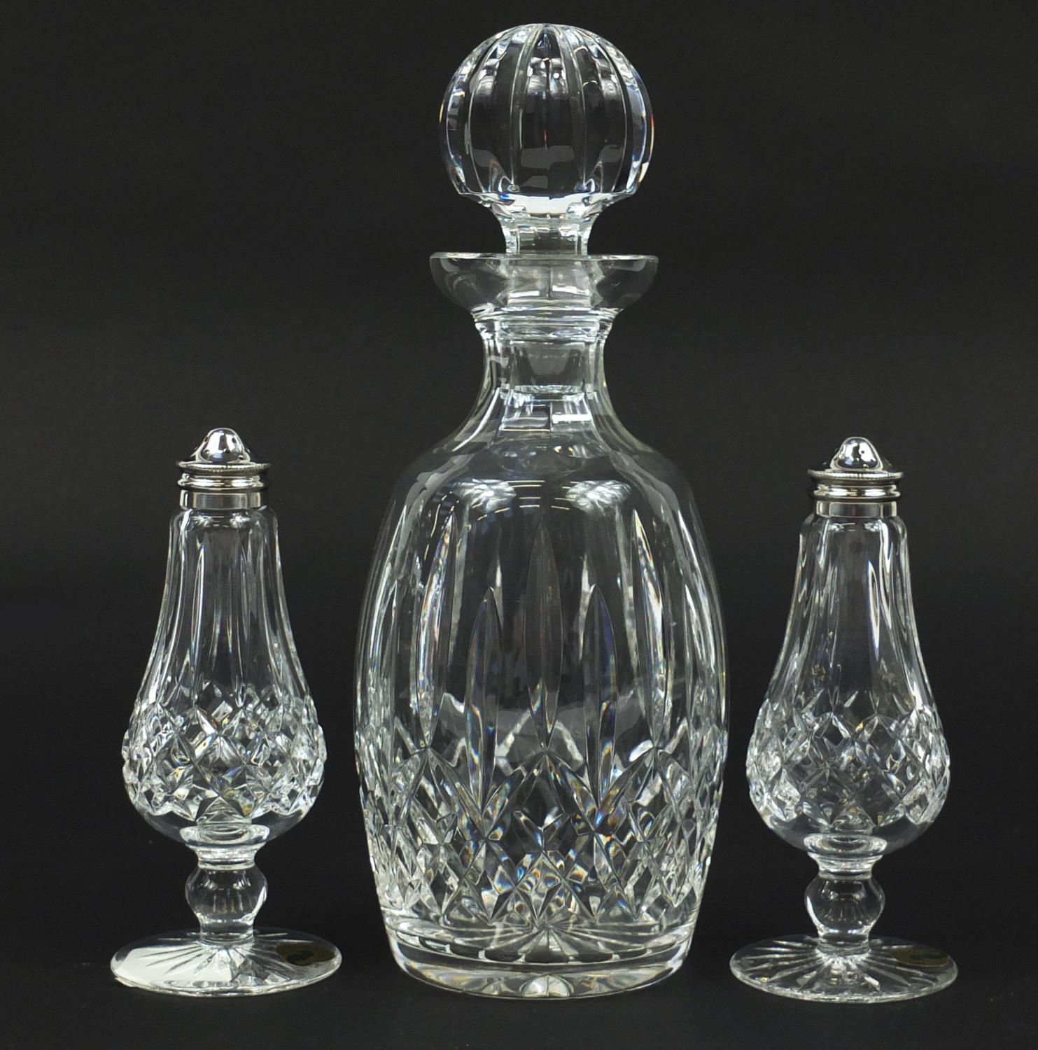 Waterford Crystal comprising a Lismore pattern decanter and salt and pepper sifters with box, the - Image 5 of 9